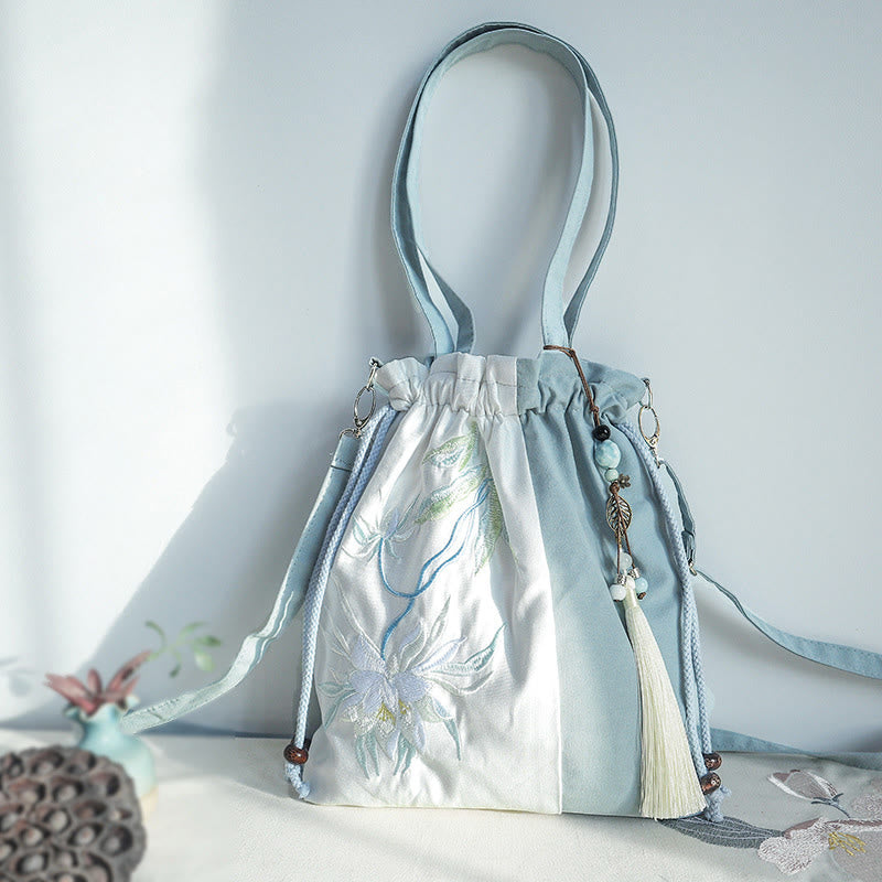 Buddhist Blessing Embroidered Green Pear Blue Epiphyllum Canvas Tote Crossbody Bag Shoulder Bag Handbag