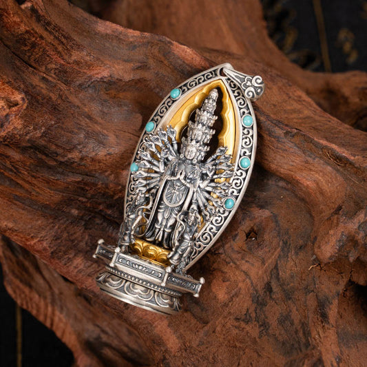 Buddhist Blessing 925 Sterling Silver Thousand-armed Guanyin Kwan Yin Avalokiteśvara Wealth Necklace Pendant