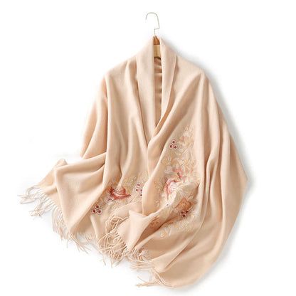 Buddhist Blessing Wool Shawl Red Pink Flower Embroidery Tassel Winter Cozy Travel Scarf Wrap