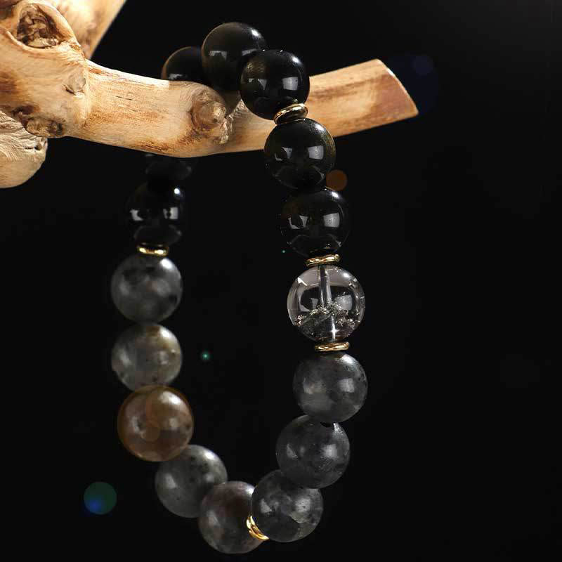 Buddhist Blessing 925 Sterling Silver Black Onyx Gold Sheen Obsidian Lava Rock Tiger Eye Six True Words Wealth Protection Bracelet