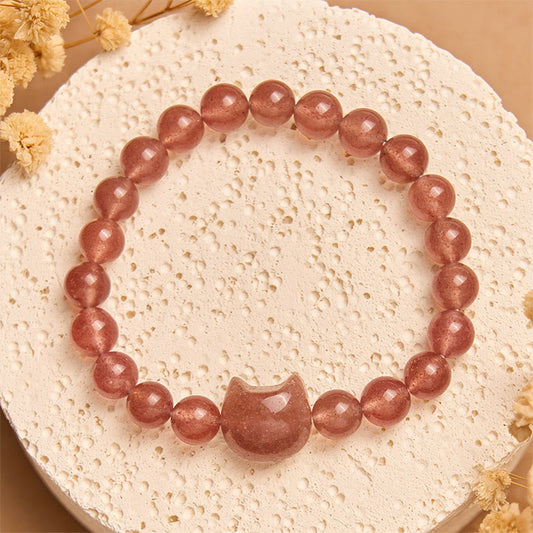 Buddhist Blessing Natural Strawberry Quartz Cat Healing Positive Bracelet