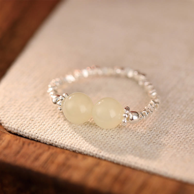 Buddhist Blessing 925 Sterling Silver Natural Small Hetian Jade Bead Luck Elastic Ring