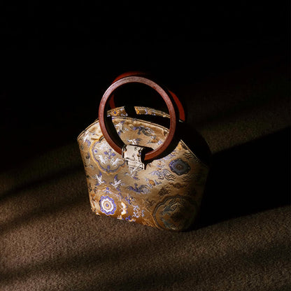 Buddhist Blessing Crane Deer Seawater Wave Wood Handle Metal Chain Change Purse Crossbody Bag Hangbags