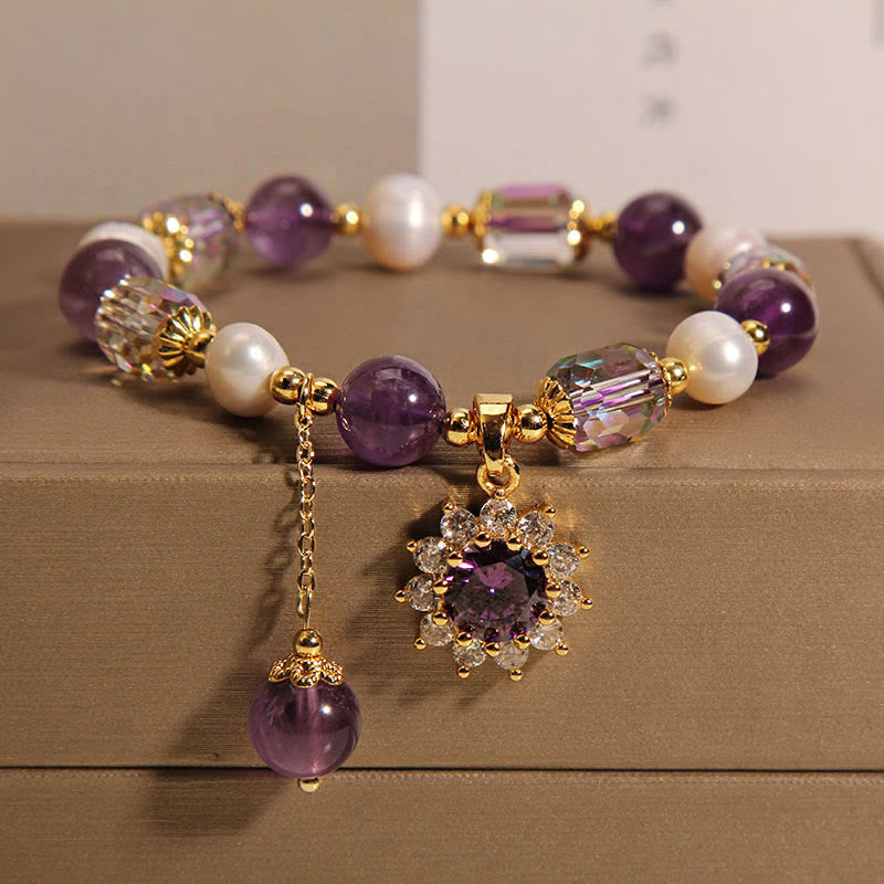 Buddhist Blessing Natural Amethyst Pearl Sunflower Communication Bracelet