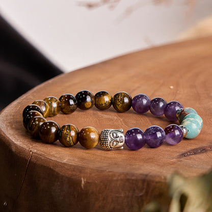 Buddhist Blessing Natural Black Onyx White Stone Green Aventurine Tiger Eye Agate Mixed Color Buddhist Blessing  Head Protection Bracelet