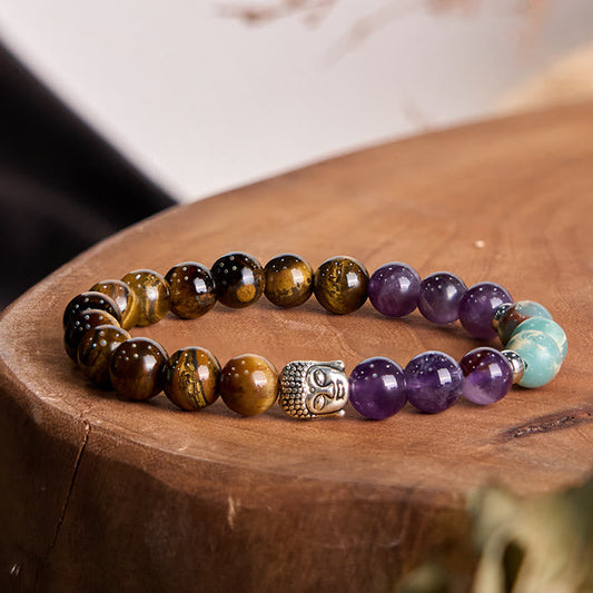 Buddhist Blessing Natural Black Onyx White Stone Green Aventurine Tiger Eye Agate Mixed Color Buddhist Blessing  Head Protection Bracelet