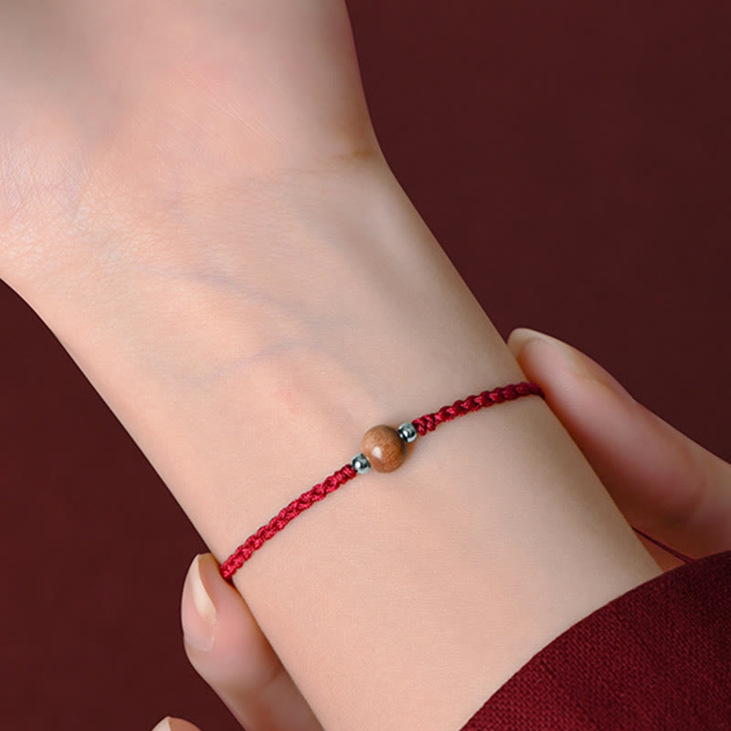 Buddhist Blessing Natural Peach Wood Bead Luck Braided Bracelet Anklet