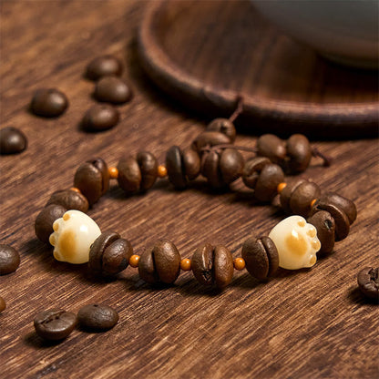 Buddhist Blessing Handmade Natural Coffee Beans Cat Head Bodhi Seed Claw Paw Peace Bracelet