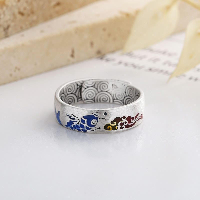 Buddhist Blessing 925 Sterling Silver Lucky Koi Fish Auspicious Clouds Wealth Ring