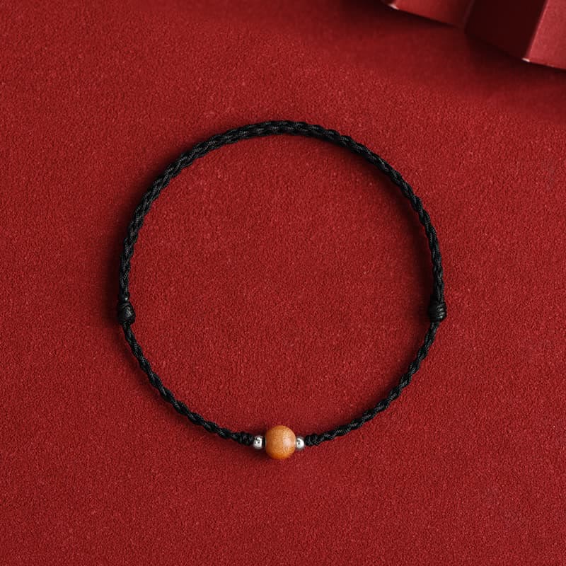 Buddhist Blessing Natural Peach Wood Bead Luck Braided Bracelet Anklet