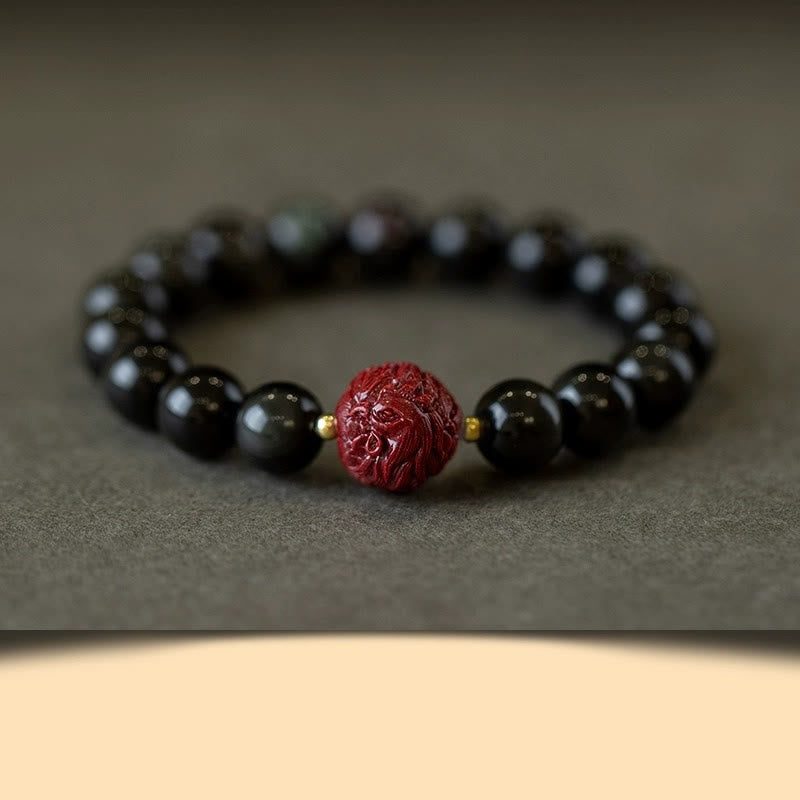 Buddhist Blessing Chinese Zodiac Natural Black Obsidian Cinnabar Purification Bracelet