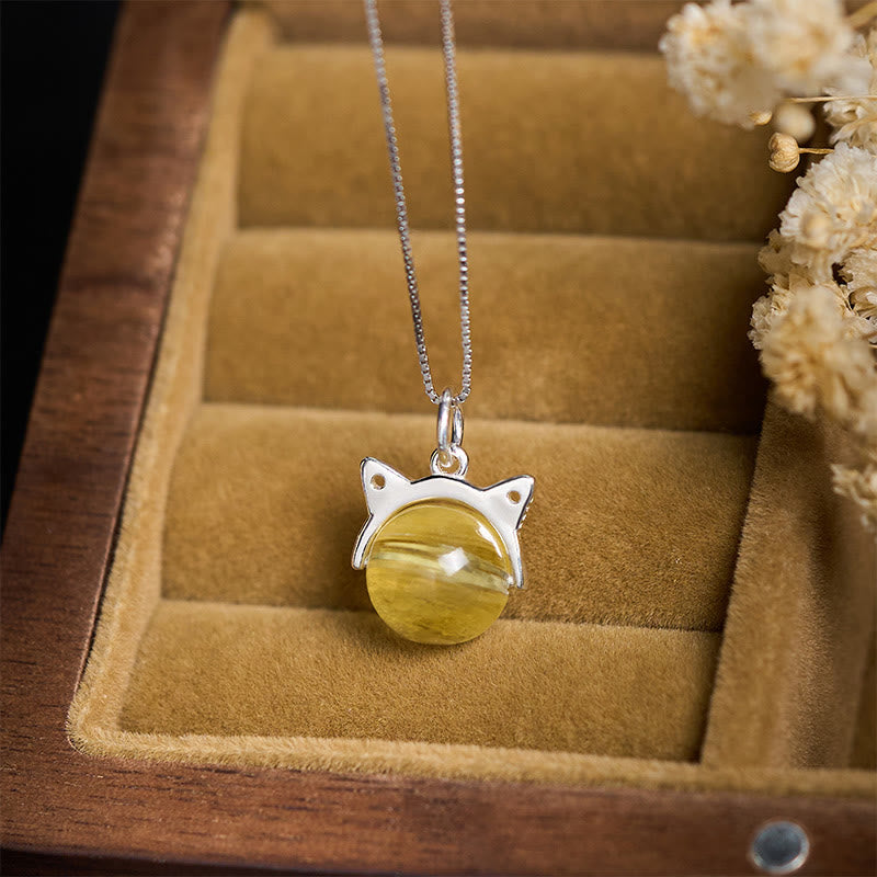 Buddhist Blessing 925 Sterling Silver Natural Golden Lepidolite Cat Prosperity Necklace Pendant