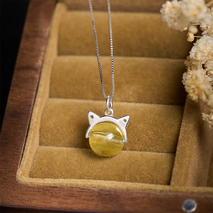 Buddhist Blessing 925 Sterling Silver Natural Golden Lepidolite Cat Prosperity Necklace Pendant
