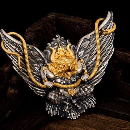 Buddhist Blessing 925 Sterling Silver Tibetan Garuda Bird Dragon Snake Wisdom Necklace Pendant
