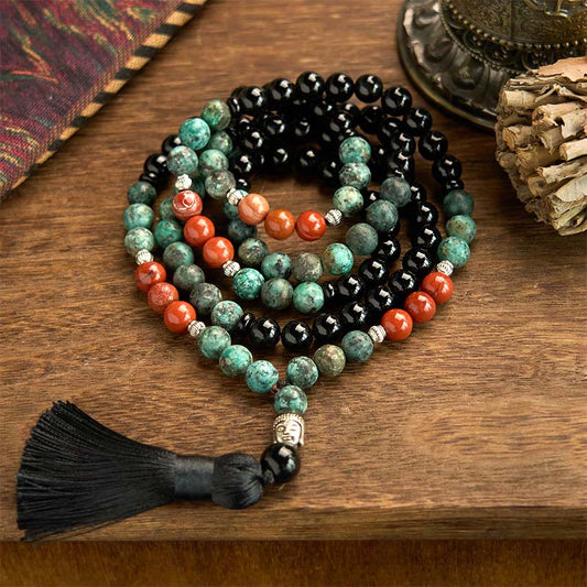 Buddhist Blessing 108 Mala Natural Black Onyx Red Jasper Turquoise Beads Buddhist Blessing Head Tassel Protection Bracelet