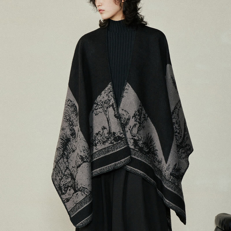 Buddhist Blessing Black Gray Sika Deer Animal Forest Double-sided Shawl Fall Winter Warm Scarf Wrap