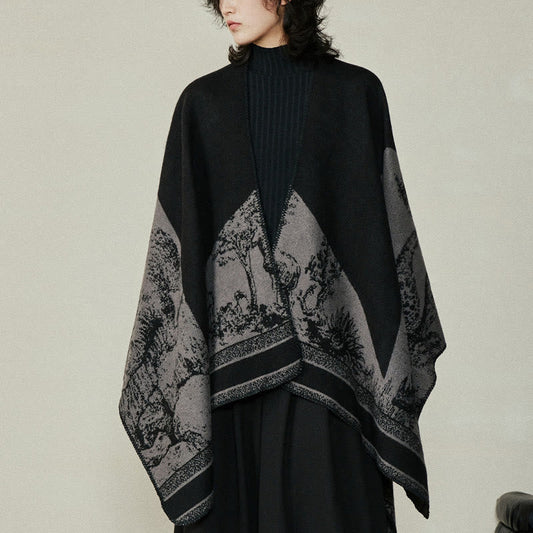 Buddhist Blessing Black Gray Sika Deer Animal Forest Double-sided Shawl Fall Winter Warm Scarf Wrap