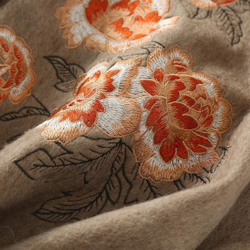 Buddhist Blessing Wool Shawl Red Peony Embroidery Tassel Winter Cozy Travel Scarf Wrap