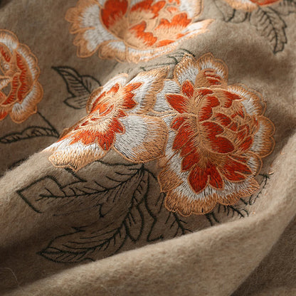 Buddhist Blessing Wool Shawl Red Peony Embroidery Tassel Winter Cozy Travel Scarf Wrap