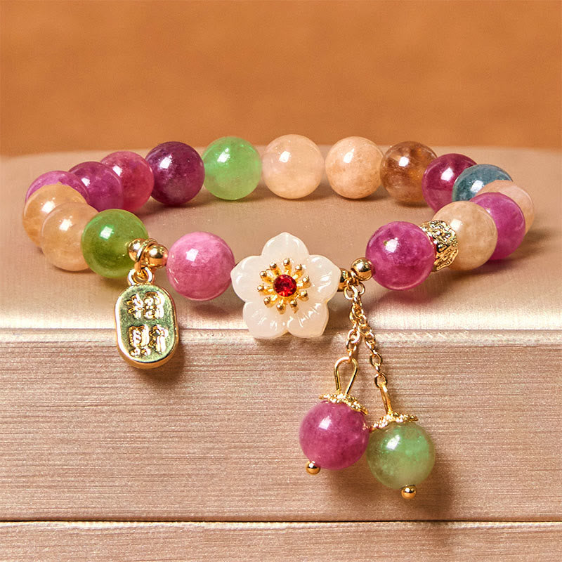 Buddhist Blessing Natural Tourmaline Fu Character Flower Lucky Brand Bracelet