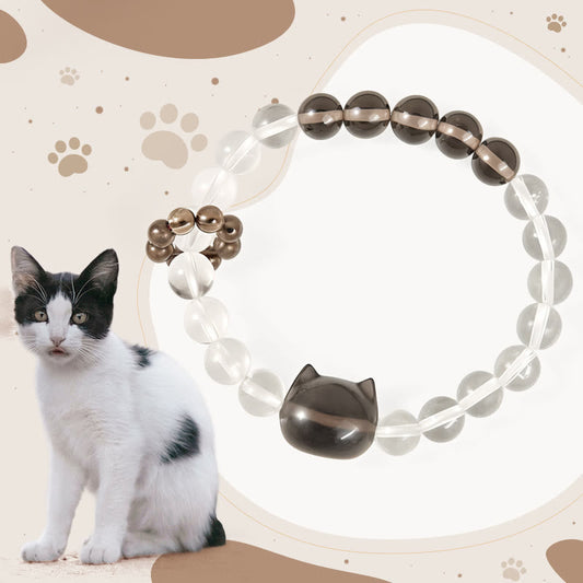 Buddhist Blessing Japanese Bobtail Cat Natural White Crystal Smoky Quartz Protection Bracelet