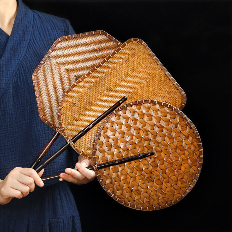 Buddhist Blessing Chinese Style Handmade Bamboo Woven Round Oval Banana Shape Long Handle Fan