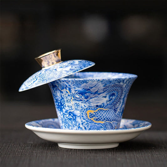 Buddhist Blessing Thangka Dragon Buddhas Dunhuang Ceramic Gaiwan Sancai Kung Fu Tea Cup And Saucer With Lid Gift Box 180ml