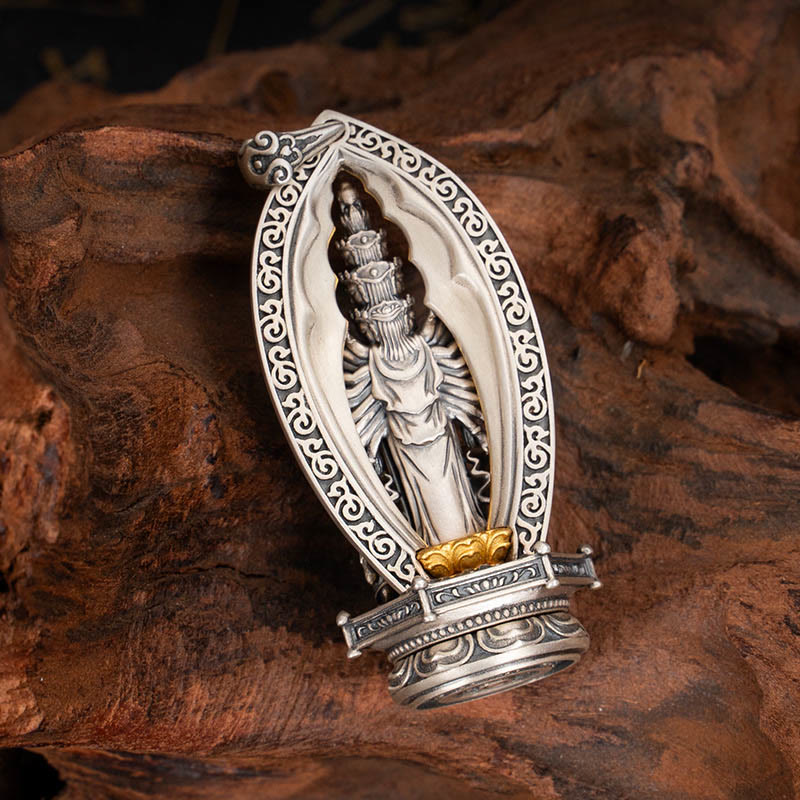 Buddhist Blessing 925 Sterling Silver Thousand-armed Guanyin Kwan Yin Avalokiteśvara Wealth Necklace Pendant