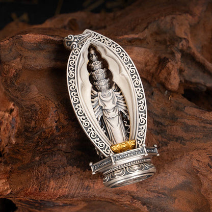 Buddhist Blessing 925 Sterling Silver Thousand-armed Guanyin Kwan Yin Avalokiteśvara Wealth Necklace Pendant