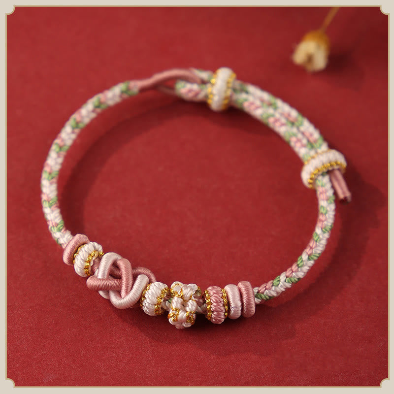 Buddhist Blessing Handcrafted Peach Blossom Peace Knot Colorful Rope Adjustable Bracelet