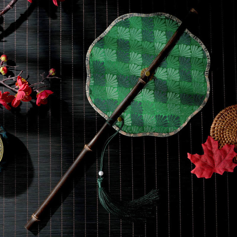 Buddhist Blessing Handmade Shell Scales Leaves Epiphyllum Pattern Long Purple Bamboo Handle Portable Curlable Fan