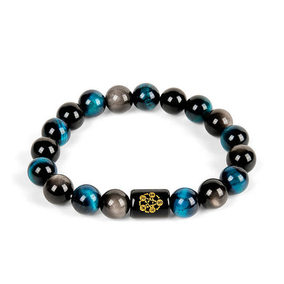 Buddhist Blessing Silver Sheen Obsidian Blue Tiger Eye Black Onyx Five Elements Protection Bracelet