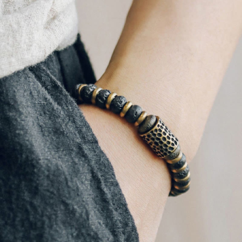 Buddhist Blessing Vintage Lava Rock Beads Calm Copper Bracelet