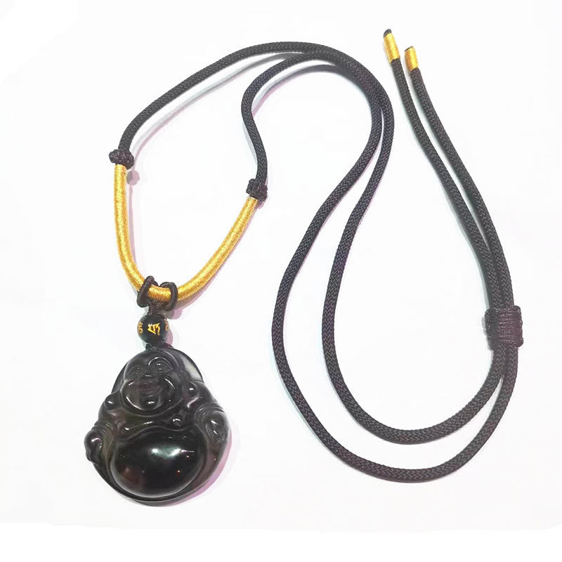Buddhist Blessing Natural Black Obsidian Ice Obsidian Laughing Buddha Purification Necklace Pendant