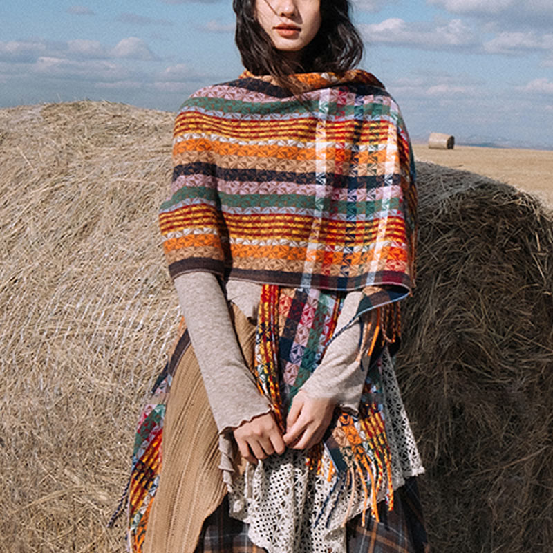 Buddhist Blessing Tibetan Colorful Stripe Geometry Tassels Shawl Fall Winter Soft Scarf Wrap