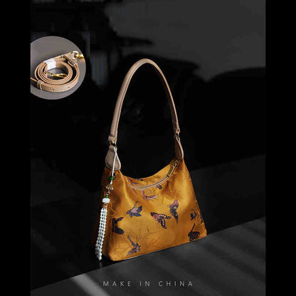 Buddhist Blessing Lotus Bamboo Crane Deer Butterfly Mountain Xiangyunsha Silk Song Brocade Crossbody Bag Shoulder Bag