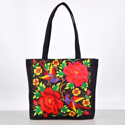 Buddhist Blessing Galsang Magpie Peony Camellia Chrysanthemum Embroidery Canvas Shopping Purse Handbag Shoulder Bag