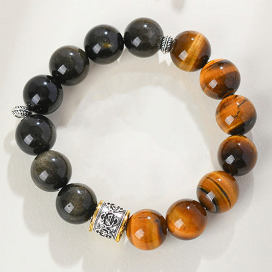 Buddhist Blessing Tiger Eye Gold Sheen Obsidian Om Mani Padme Hum Bracelet