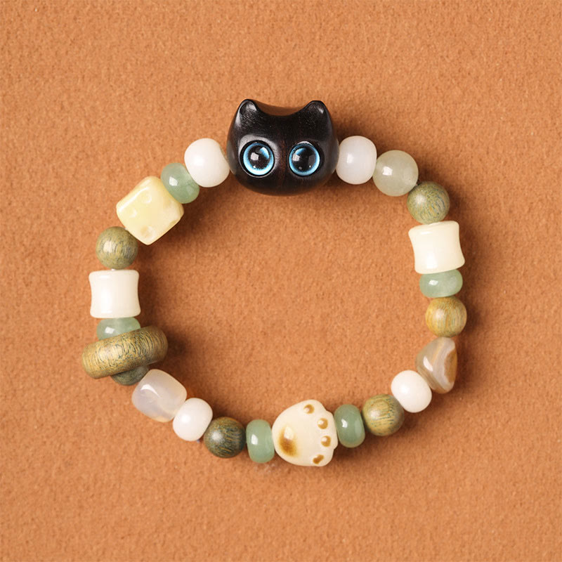Buddhist Blessing Bodhi Seed Green Sandalwood Ebony Wood Small Leaf Red Sandalwood Cat Head Paw Claw Peace Bracelet