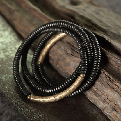 Buddhist Blessing Tibetan Ebony Wood Beads Copper Peace Multilayered Bracelet