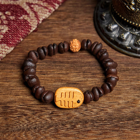 Buddhist Blessing Handmade Fishbone Real Coffee Beans Wenge Wood Bracelet