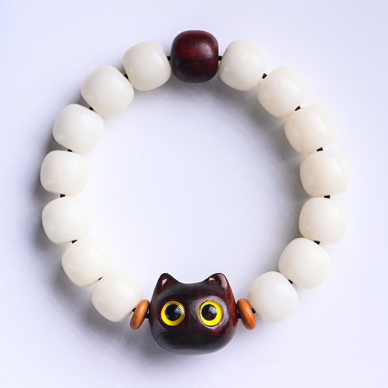 Buddhist Blessing Natural Bodhi Seed Small Leaf Red Sandalwood Ebony Wood Cute Lucky Cat Wisdom Bracelet
