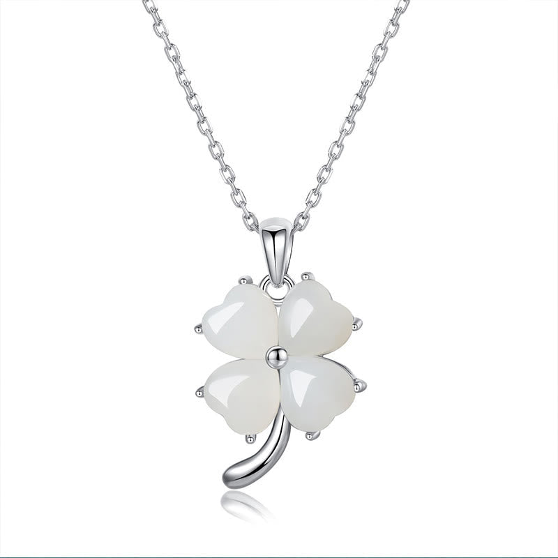 Buddhist Blessing Hetian Jade 925 Sterling Silver Four Leaf Clover Necklace Pendant