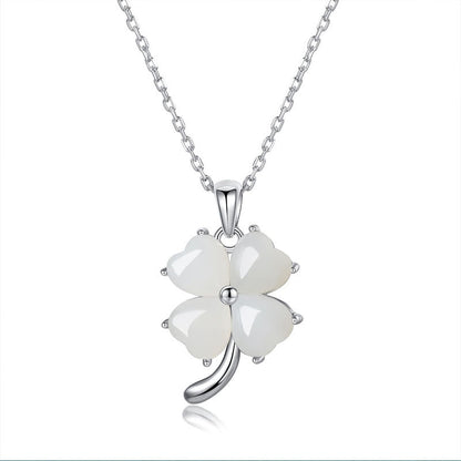 Buddhist Blessing Hetian Jade 925 Sterling Silver Four Leaf Clover Necklace Pendant