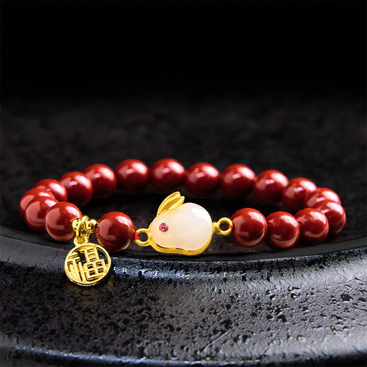 Buddhist Blessing Cinnabar Rabbit Bunny Fu Character Blessing Bracelet