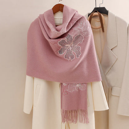Buddhist Blessing Wool Shawl Big Flower Sequins Embroidery Tassel Winter Cozy Travel Scarf Wrap