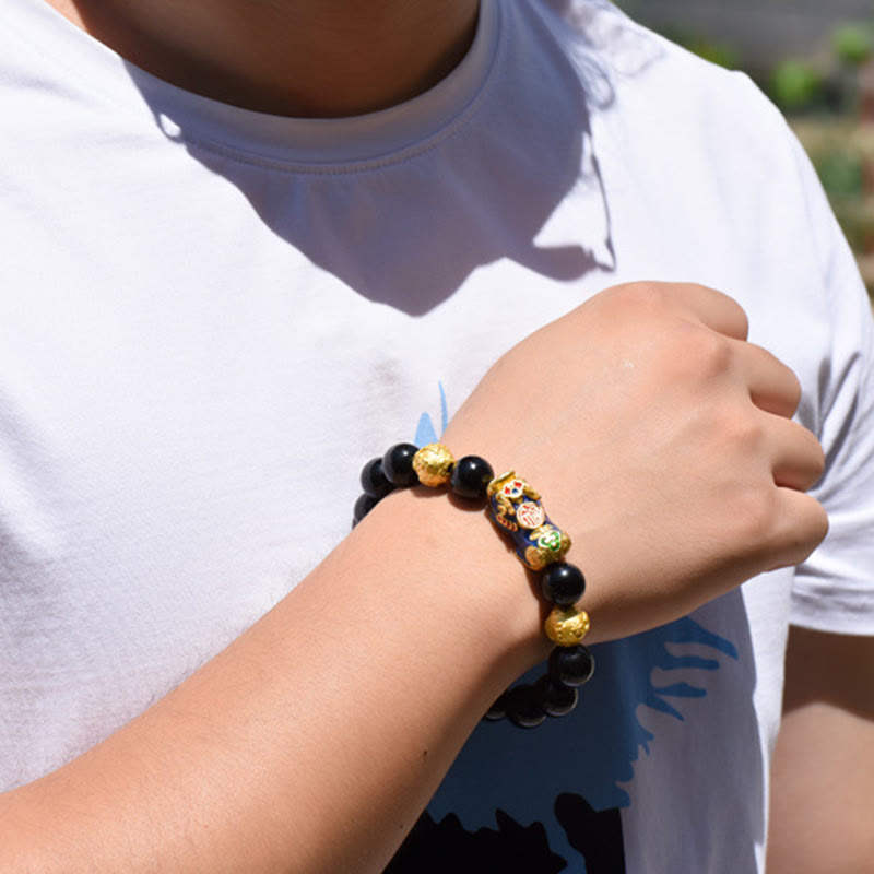 Buddhist Blessing Fengshui Copper Pixiu Rainbow Obsidian Beads Wealth Bracelet