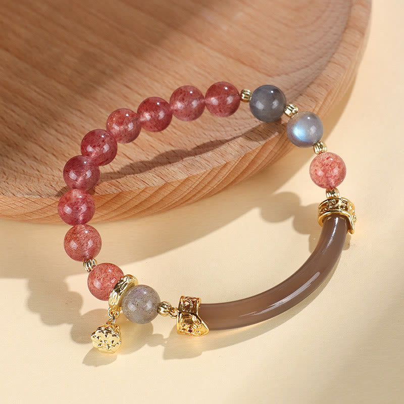 Buddhist Blessing Strawberry Quartz Labradorite Fluorite Pearl Cuff Half Bracelet Bangle