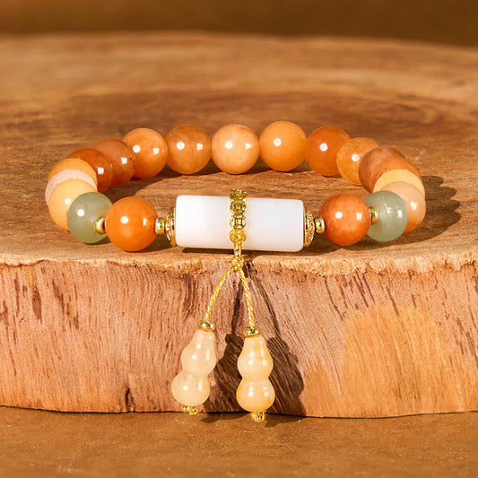 Buddhist Blessing Golden Silk Jade Beads Gourd White Crystal Wealth Luck Bracelet