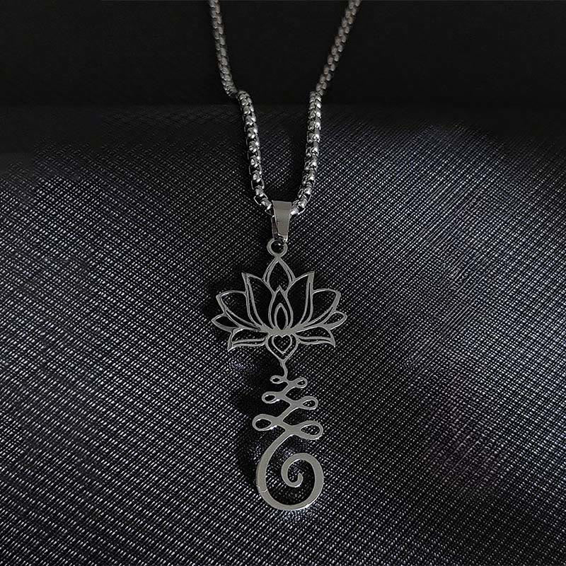 Buddhist Blessing Chakra Symbol Irregular Design Lotus Stainless Steel Enlightenment Necklace Pendant